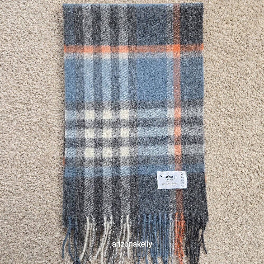 NWOT Edinburgh Lambswool Scarf Plaid Blue, Grey, and Orange Wool
